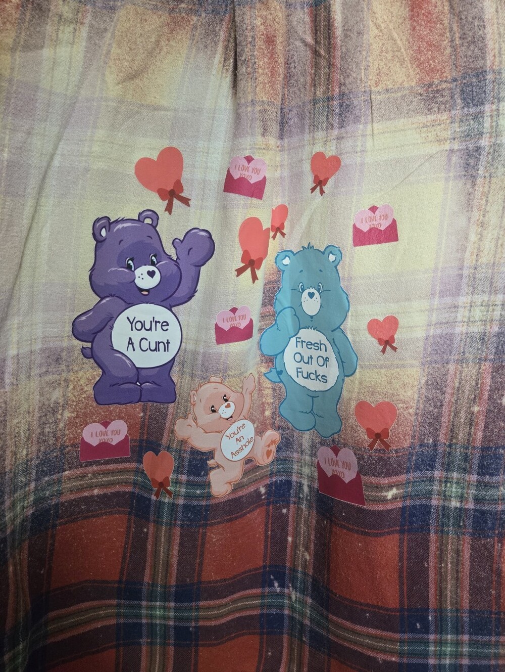 Upcycled Plaid Flannel Top w/ Cute Bear Graphic & Bleach Wash LS06 - Picture 8 of 10